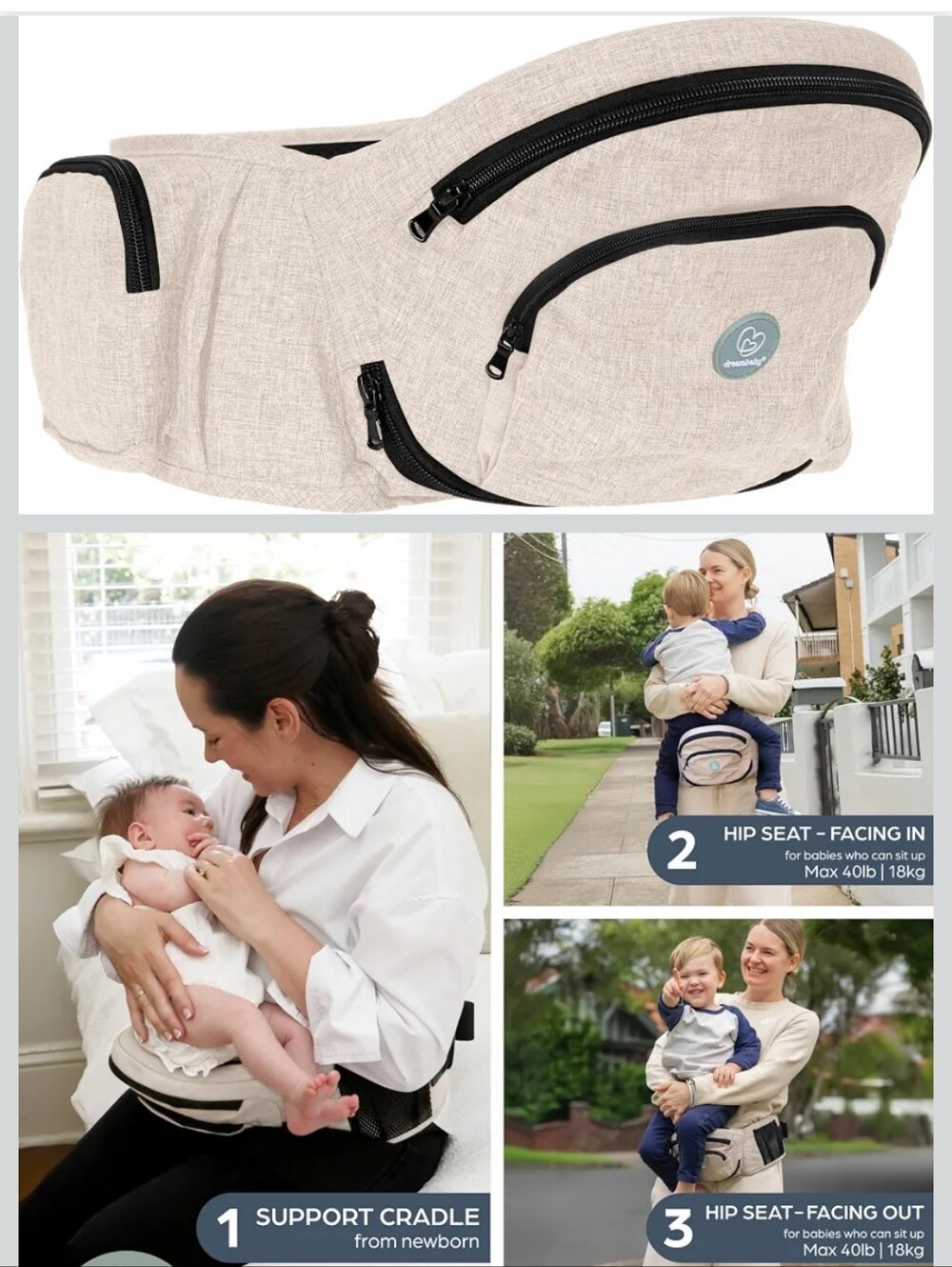 Beige Kids Hip Seat Carrier with Support Cradle - Neutral Baby Carrying Bag